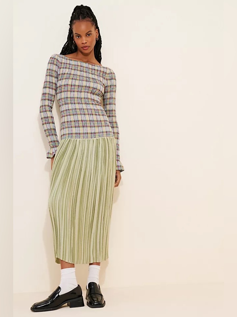 NWT OHSEVENDAYS Anthropologie McKenzie Shirred Tartan Pleated Green Midi Dress M - Picture 2 of 13